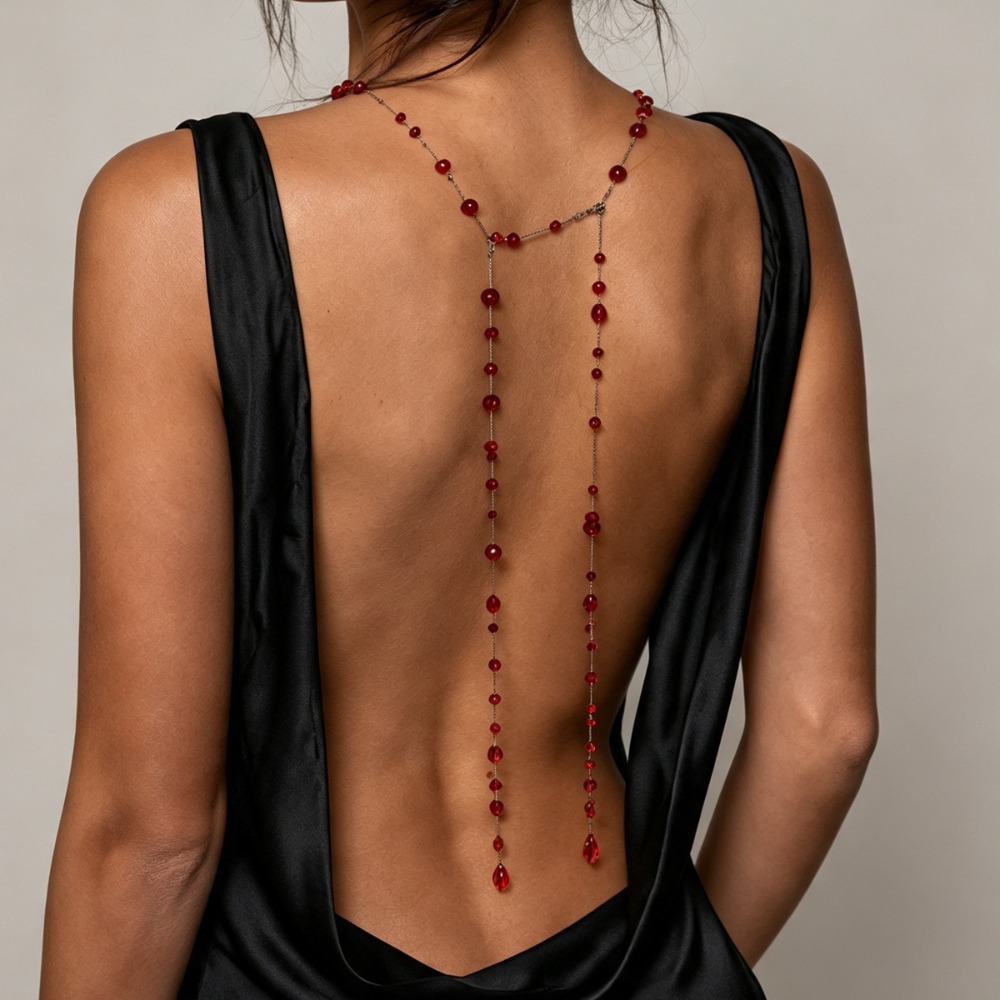 고딕 스타일 블랙 레드 크리스탈 비즈 장식 롱 태슬 백 - Body Jewelry For Backless Dress 리뷰 및 가격
